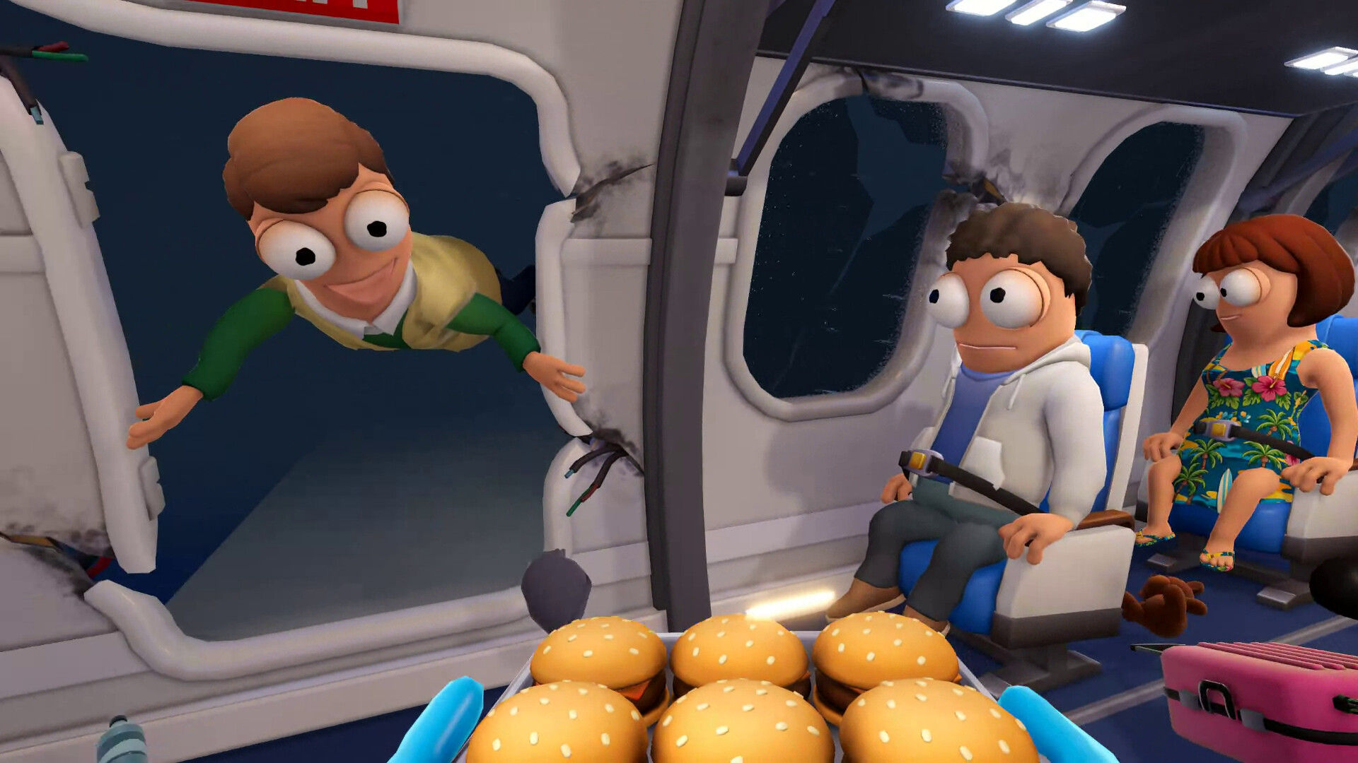Dear Passengers game cabin crew serving food beside a damaged aircraft wall